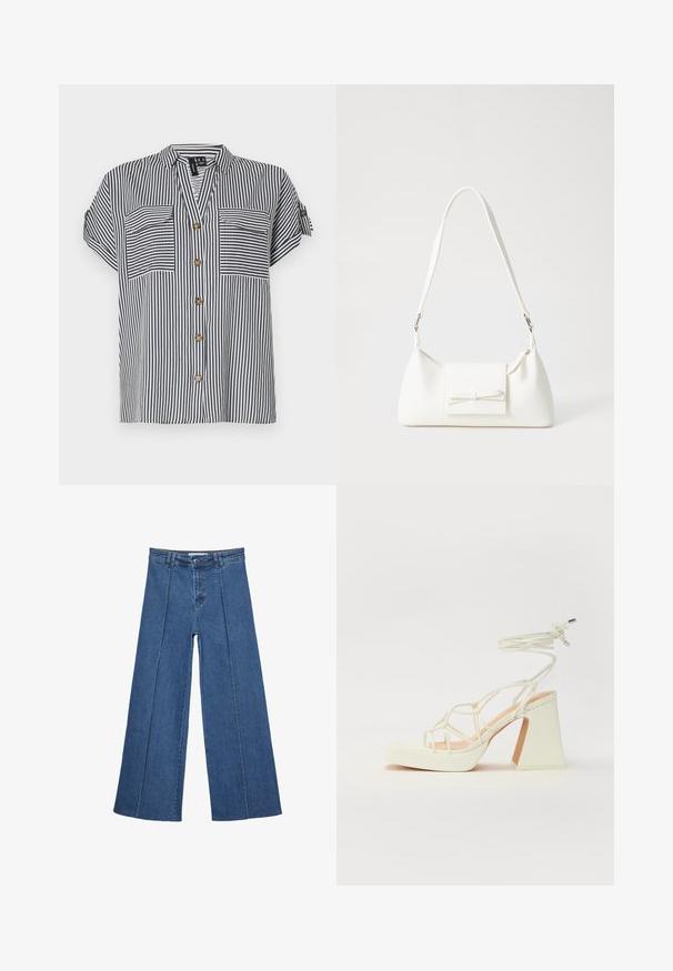 Pruhovaná blúzka s krátkymi rukávmi v námodro-bielej farbe, so 2 prednými vreckami, zapínaním na gombíky a voľným strihom. Obsahuje gombíky v zlatej farbe.; Rovné džínsy s širokými nohavicami v strednom modrom odtieni, so zvýšeným pásom, zapínaním na gombík a kontrastnými vertikálnymi švami pozdĺž prednej strany.; Biele sandále na vysokom opätku s hrubým podpätkom, s pruhovaným dizajnom a viazaním na členku. Hladký povrch s platformou vpredu pre zvýšenú výšku.; Biela syntetická kabelka s trojuholníkovým tvarom, plochým predným klapkou a detailom mašle, nastaviteľným popruhom, hladkou textúrou a minimalistickým dizajnom.