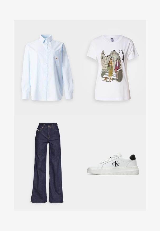 Világoskék csíkozott, hosszú ujjú ing, gombos gallérral, egyetlen mellsz zsebbe és egy kis logóval a zseben. Pamut anyag.; Fehér pamut póló, amelyen nyomtatott illusztráció látható két nő városi divatstílusban, egy kutyával a zebrán és városi épületekkel a háttérben.; Sötétkék, bő szárú farmernadrág, magas derékkal, narancssárga varrással, öt zsebes kialakítással és gombos zárással.; Fehér alacsony szárú edzőcipő fekete saroktabbal, platform talppal, fűzőkkel és Calvin Klein "CK" logóval az oldalán.