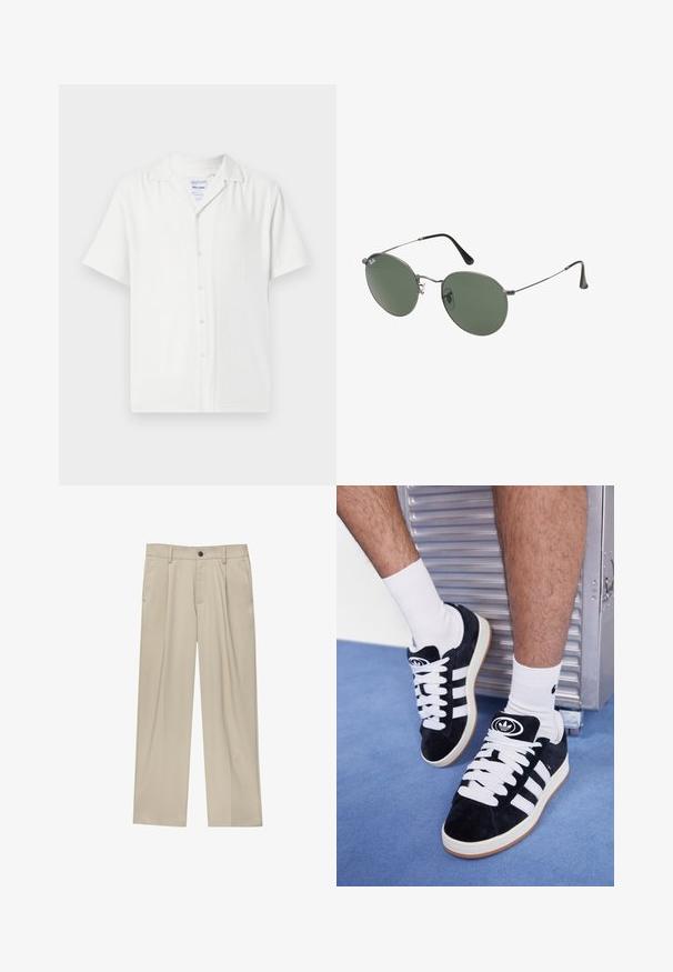 Bijela kratka košulja s dugim rukavima s dugmadima sprijeda, izrađena od teksturiranog materijala, s ovratnikom i ugodnim krojem.; Bijela pamučna majica kratkih rukava, s okruglim izrezom i opuštenim krojem. Glatka tekstura bez vidljivih uzoraka ili ukrasa.; Bež hlače ravnog kroja s jednim crnim gumbom, petljama za remen i bočnim džepovima. Glatka tekstura tkanine i minimalistički dizajn.; Crne nubuk tenisice s bijelim vezicama i tri bijele pruge. Imaju kružni crni logo na jeziku i gumeni potplat.; Naočale s metalnim okvirom i ovalnim zelenim staklima. Tanka srebrna metalna konstrukcija i crni silikonski jastučići za uši. Minimalistički dizajn, bez vidljivih logotipa.