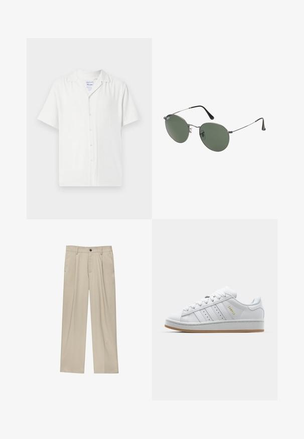 Kurzärmliges weißes Hemd mit durchgehender Knopfleiste, aus strukturiertem Stoff, mit Kragen und einem lässigen Schnitt.; Weißes Baumwoll-T-Shirt mit kurzen Ärmeln, Rundhalsausschnitt und lässigem Schnitt. Glatte Textur ohne sichtbare Muster oder Akzente.; Beige Hosen mit geradem Schnitt, ausgestattet mit einem einzelnen schwarzen Knopf, Gürtelschlaufen und Seitentaschen. Glatte Stofftextur und minimalistisches Design.; Weiße Sneaker mit durchbrochenem Drei-Streifen-Design, strukturierten Akzenten, einer Gummisohle und dem goldenen "CAMPUS"-Logo an der Seite.; Metallgestellte Sonnenbrille mit ovalen grünen Gläsern. Dünner silberner Metallrahmen und schwarze Ohrstücke. Minimalistisches Design, keine sichtbaren Logos.