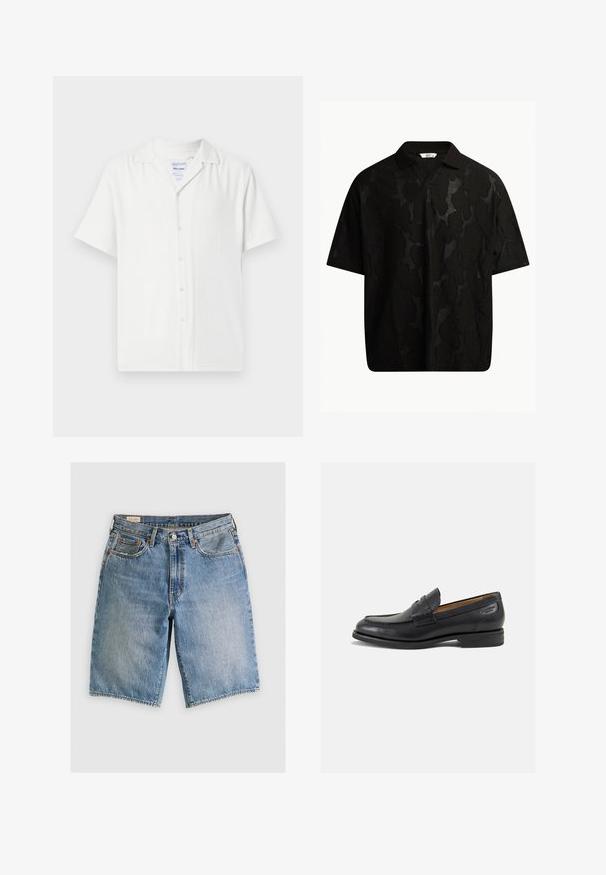 Biała koszula z krótkim rękawem, zapinana na guziki, wykonana z teksturowanej tkaniny, z kołnierzykiem i luźnym fasonem.; Czarna koszulka polo z krótkim rękawem, zdobiona strukturalnym, abstrakcyjnym wzorem. Kołnierz jest płaski i lekko otwarty, co podkreśla swobodny charakter designu.; Jasnoniebieskie szorty dżinsowe o klasycznym kroju. Posiadają pięć kieszeni, akcenty pomarańczowego przeszycia oraz surowe wykończenia brzegów.; Czarne skórzane mokasyny o gładkim wykończeniu, zaokrąglonym nosku i dekoracyjnym przeszyciu na cholewce. Niski, warstwowy obcas i delikatny połysk.