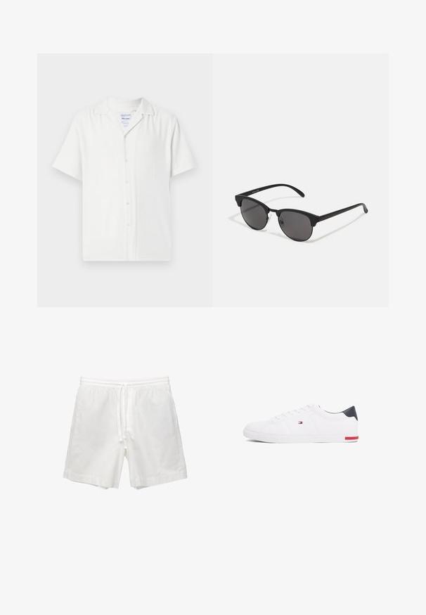 Kurzärmliges weißes Hemd mit durchgehender Knopfleiste, aus strukturiertem Stoff, mit Kragen und einem lässigen Schnitt.; Weiße Baumwollshorts mit elastischem Bund und Kordelzug, Seitentaschen und geradem Schnitt mit sauberen Säumen.; Weißes Low-Top-Sneaker aus glattem Leder. Mit einem marineblauen Fersenstück und einem roten Akzent an der Sohle. Sechs Ösen für die Schnürsenkel.; Schwarze Sonnenbrille mit runden Gläsern, matter Oberfläche und markanter Cat-Eye-Form. Schlanke Bügel mit dezenter Markenkennzeichnung am linken Schläfenstück.