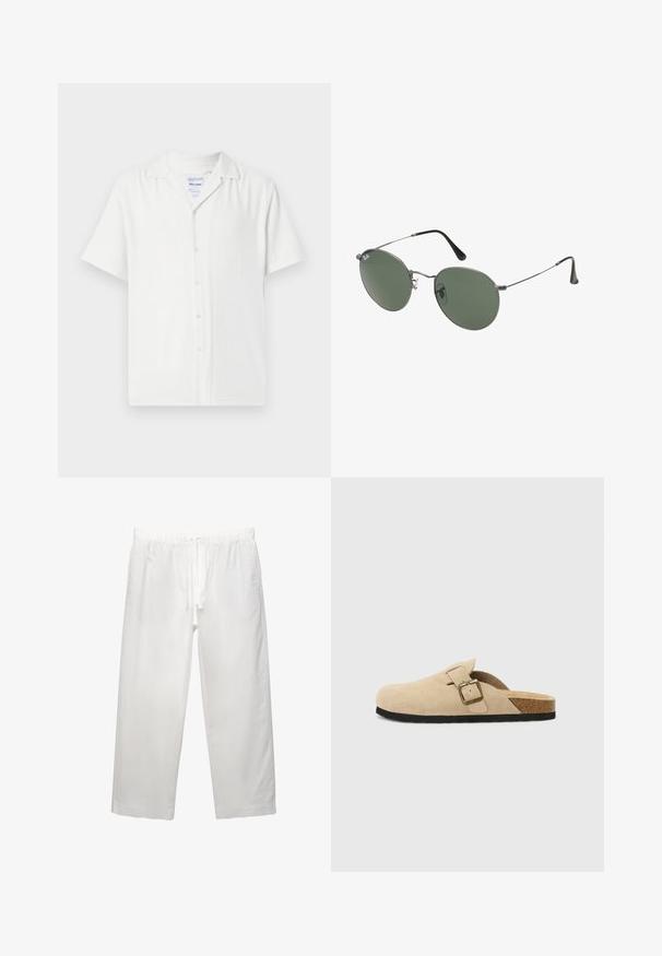 Camicetta bianca a maniche corte con chiusura a bottoni, realizzata in tessuto testurizzato, con colletto e una vestibilità rilassata.; Pantaloni bianchi in lino con cintura elastica e cordoncino, design a gamba ampia e cuciture pulite. Texture liscia con vestibilità casual.; Zoccoli beige in suede con piede in sughero, punta rotonda e una semplice fascia con una fibbia dorata. Suola in gomma per una buona aderenza.; Occhiali da sole con montatura in metallo e lenti verdi ovali. Montatura sottile in metallo argento e terminali neri. Design minimalista, senza loghi visibili.