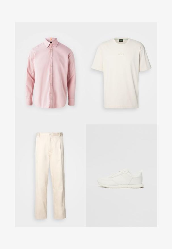 Langermet, lys rosa skjorte med knapper laget av bomull. Har klassisk krage, frontlukking med knapper og en subtil brodert logo.; BOSS TEE - T-shirts - open white; Beige bomullsbukser med rett benfatt, med knappelukking og folder foran for ekstra detaljer.; Hvit sneaker med en mesh- og syntetisk overdel, rund tå, flate lisser og en teksturert sidestropp. Gummisåle med en pull-tab bak.