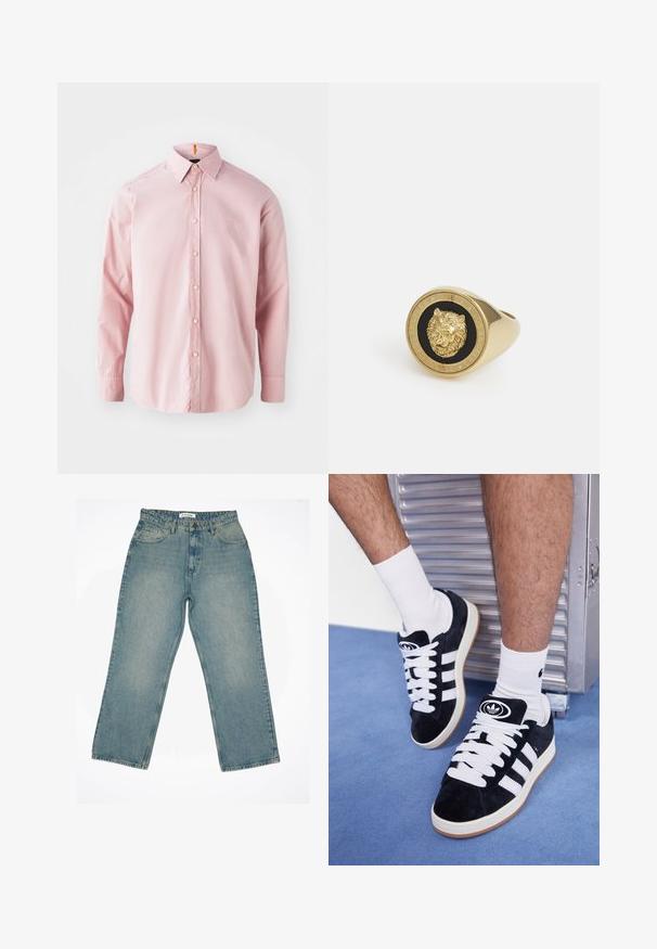 Camicia button-up a maniche lunghe, di colore rosa chiaro, realizzata in cotone. Presenta un colletto classico, chiusura frontale con bottoni e un logo ricamato discreto.; Jeans in denim azzurro chiaro con vita alta e vestibilità ampia. Presentano tasche frontali, zip e dettagli di cucitura in evidenza.; Sneakers in suede nero con lacci bianchi e tre strisce bianche. Presentano un logo circolare nero sulla linguetta e una suola in gomma color gomma.; Anello dorato con un motivo di leone in rilievo su sfondo nero, incorniciato da una banda circolare incisa con il nome del marchio.