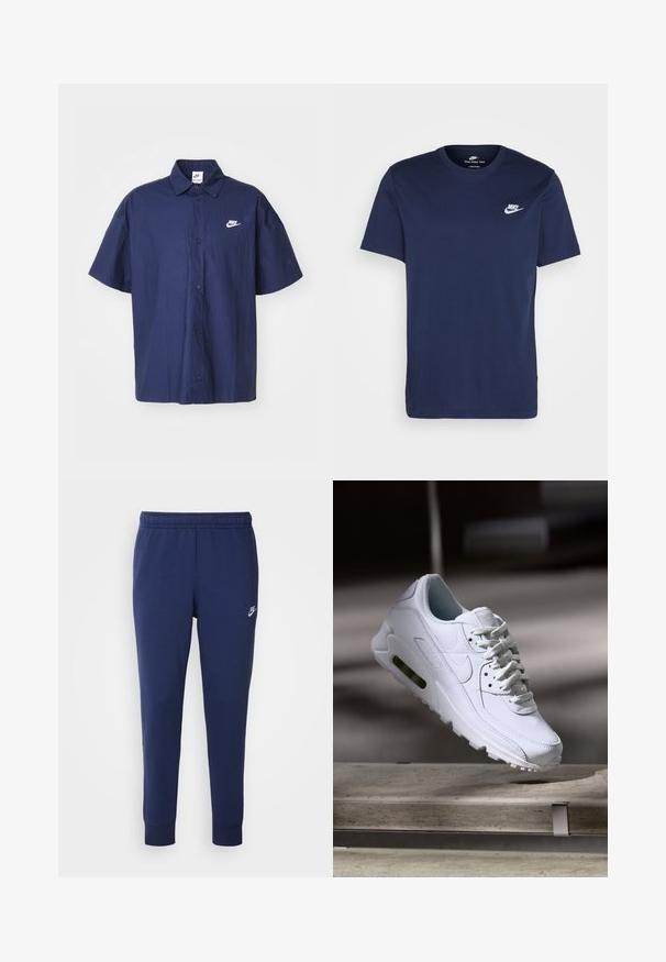 Μαρινίσια κοντομάνικη πουκαμίσα με πτυχώσεις και λευκό λογότυπο Nike στο αριστερό στήθος. Διαθέτει κανονικό γιακά και μαύρα κουμπιά.; Μπλέ ναυτικού μπλουζάκι από βαμβάκι με στρογγυλή λαιμόκοψη και κοντά μανίκια. Διαθέτει λευκό λογότυπο Nike στο αριστερό στήθος και ίσιο στρίφωμα.; Ναυτικό μπλε φόρμες Nike φτιαγμένες από μαλακό μείγμα βαμβακιού, με ελαστική μέση, tapered πόδια και μικρό λευκό λογότυπο στο π side.; Λευκό δερμάτινο αθλητικό παπούτσι με υφή στην επιφάνεια, επενδεδυμένο κολάρο και ορατή αεροστιβάδα στη σόλα. Περιλαμβάνει κορδόνια και μινιμαλιστικό σχέδιο.