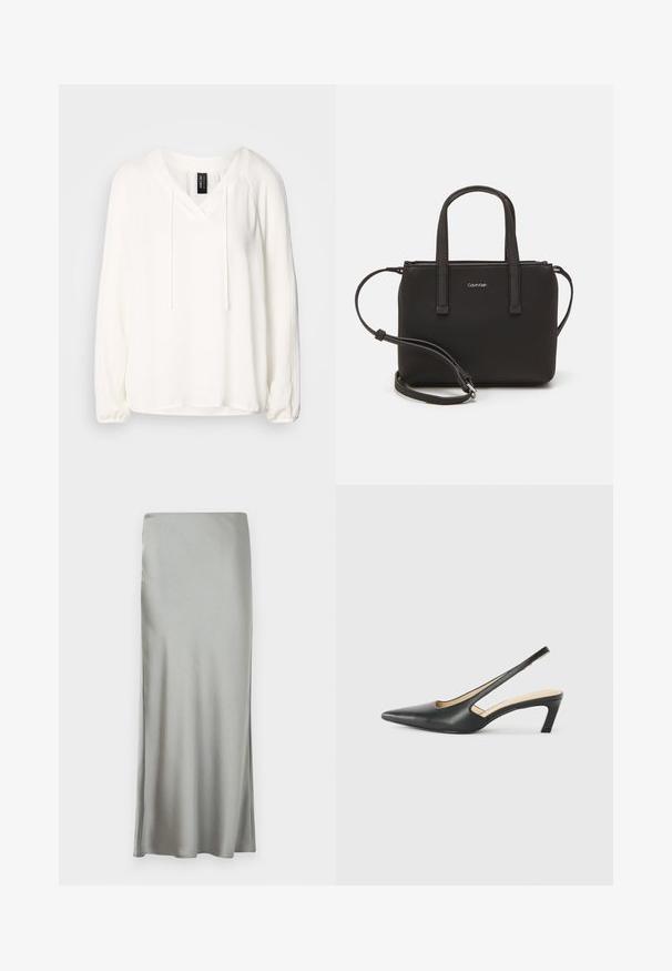 Dugi rukav bijeli pulover s V-izrezom, detaljima sa vezicom i nabranim rukavima. Mekana tkanina s opuštenim krojem i blago zakrivljenim rubom.; Svijetlosiva, saten maxi suknja s glatkom teksturom i bočnim prorezom, dizajniran s ravnim krojem za lepršavu siluetu.; Crne cipele s izduženim vrhom i remenom oko pete, s niskom petom, izrađene od glatke kože i s izrezbarenom stranom radi prozračnosti.; Crna torba s dva kratka ručka i uklonjivom naramenicom. Glatki materijal nalik koži s zatvaračem na zatvaranje i detaljem s logom.