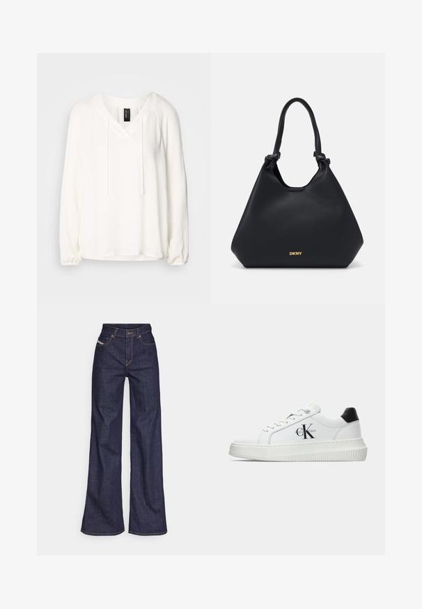 Bílý pulovr s dlouhým rukávem, výstřihem do V, s detailem na stažení a nabíranými rukávy. Měkká tkanina s uvolněným střihem a mírně zakřiveným lemem.; Tmavě modré džíny s širokým střihem vyrobené z denimové tkaniny, s vysokým pasem, oranžovým prošíváním, pěti kapsami a zapínáním na knoflík.; Bílé nízké tenisky s černým patním tabem, platformovou podrážkou, tkaničkami a logem Calvin Klein "CK" na boku.; Černá kožená tote taška s texturovaným povrchem, s uzlíkovými detaily na uchu a zlatým logem na spodní části. Disponuje uvolněným siluetou.