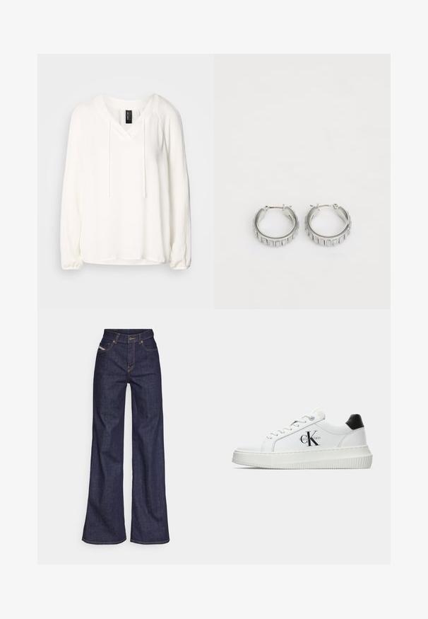 Long-sleeve white pullover with a V-neck, drawstring detail, and gathered sleeves. Soft fabric with a relaxed fit and a slightly curved hem.; Dark blue wide-leg jeans in denim fabric with a high waist, featuring orange stitching, five-pocket design, and a button closure.; White low-top sneaker with black heel tab, platform sole, laces, and Calvin Klein "CK" logo on the side.; Silver hoop earrings with a textured design featuring vertical ridges. Circular shape with a secure latch closure. Smooth finish.
