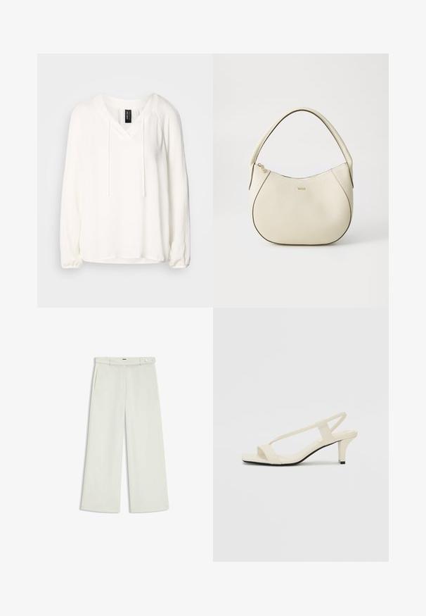 Langärmliger weißer Pullover mit V-Ausschnitt, KordelzugDETAIL und gerafften Ärmeln. Weicher Stoff mit lockerer Passform und leicht geschwungenem Saum.; Weite Hose aus zartem Creme-Stoff, mit seitlichen Taschen, flatem Bund und einer Knopfverschluss an der Taille. Glatte Textur.; Beige Blockabsatzsandalen mit dünnen Riemen und quadrater Spitze. Glattes Material mit minimalem Design, entworfen für einfaches Tragen.; Cremfarbener Handtasche mit strukturiertem Finish, gebogener Form, kurzem Griff und Logo-Detail in Gold. Reißverschlussverschluss oben.