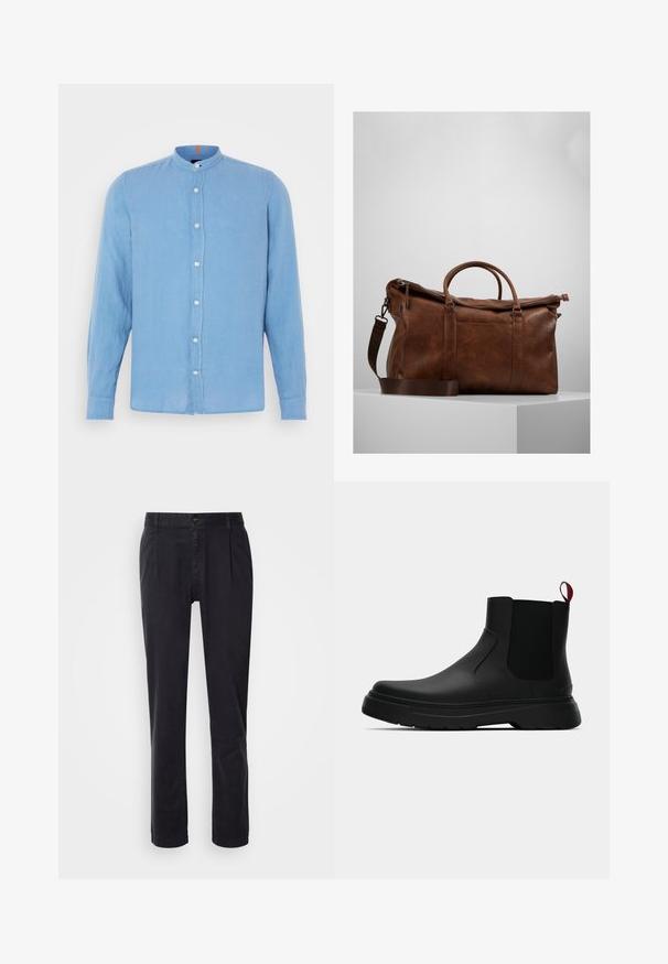 Lyseblå langermet skjorte med ståkrage, frontknapping og små hvite knapper; laget av et glatt, teksturert stoff.; Lyseblå bomulls t-skjorte med rund hals, med et marineblått firkantet brodert logo i midten og korte ermer.; Sorte skreddersydde bukser laget av glatt stoff. Har glidelås foran, to sidelommer og rette ben. Minimalistisk design uten mønstre.; Sorte ankelstøvler med en glat overflade, elastiske sidepaneler og en kontrastfyldt rød trækflik, med en tykk gummisål og rund tå.; Brun lær duffelbag med glidelås, doble håndtak, justerbar skulderreim og synlige teksturmønstre på overflaten.