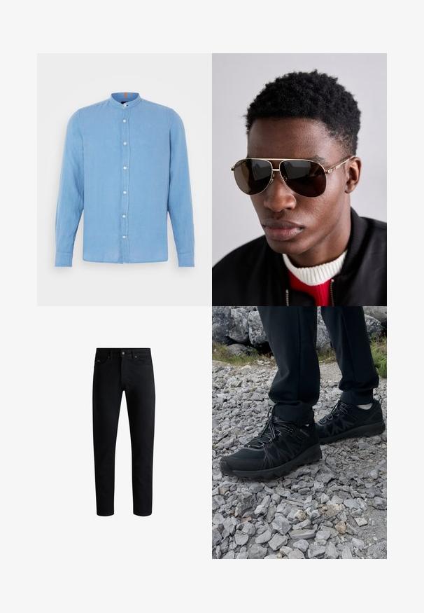 Jasnoniebieska koszula z długim rękawem, z kołnierzykiem stójkowym, z przodem zapinanym na guziki oraz małymi białymi guzikami; wykonana z gładkiego, teksturowanego materiału.; Czarne jeansy slim fit z pięcioma kieszeniami, zapięciem na guzik i pętelkami na pasek, wyeksponowane na białym tle.; Czarne buty outdoorowe wykonane z siateczki i materiału syntetycznego, z fakturowaną cholewką, zabezpieczonym systemem sznurowania i solidną podeszwą, na skalistym terenie.; Brązowe okulary przeciwsłoneczne z złotymi akcentami i zielono-czerwono-zielonym paskiem na zausznicy, noszone z czarną bomberką na czerwono-białym swetrze.