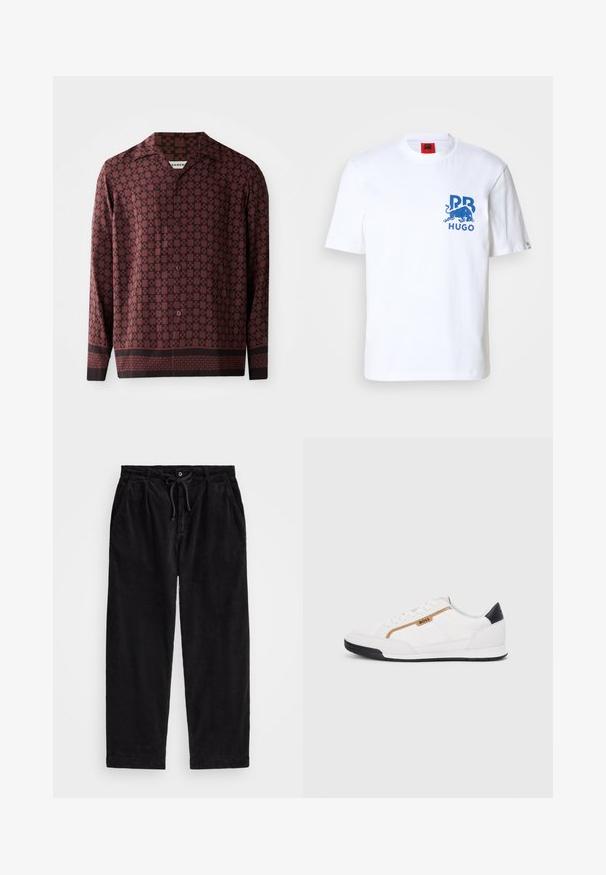 Langærmet skjorte med burgunder geometrisk mønster, spids krave og knaplukning foran. Fremstillet af glat stof med en afslappet pasform.; Hvid bomulds t-shirt med et blåt grafik af en tyr og teksten "HUGO." Rund halsudskæring og korte ærmer med løs pasform.; Sort fløjlsbukser med en afslappet pasform, der har en elastisk talje med snøre og sidelommer. Stoffet har en ribbet tekstur.; Hvide atletiske sko med mesh og læderdetaljer. Har et gyldent "BOSS" logo, teksturerede sidepaneler og en sort hælkappe. Gummisål.