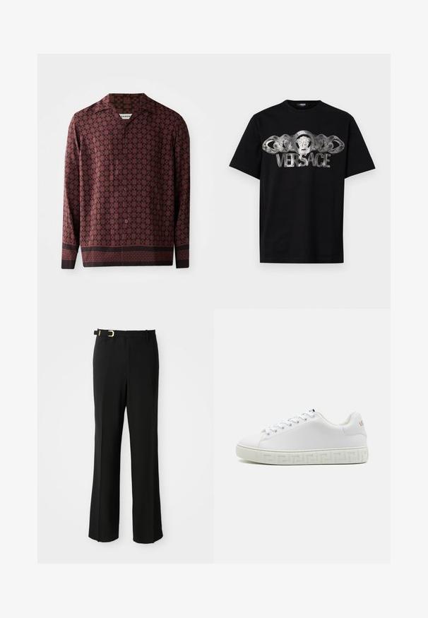 Koszula z długim rękawem w burgundowym geometrycznym wzorze, z kołnierzykiem w szpic i zapięciem na guziki z przodu. Wykonana z gładkiego materiału, o luźnym kroju.; Czarny bawełniany T-shirt z srebrnym logo Versace, ozdobiony medalionem lwa i wzorem łańcucha na przodzie. Klasyczny styl z okrągłym dekoltem.; Czarne spodnie o dopasowanym kroju, z płaskim przodem, szlufkami na pasek, smukłą sylwetką oraz złotym akcentem na klamrze paska.; Białe sneakersy z górą z gładkiej skóry, płaskimi sznurowadłami i wzorzystą gumową podeszwą z geometrycznym wzorem. Dyskretny akcent logo po boku.