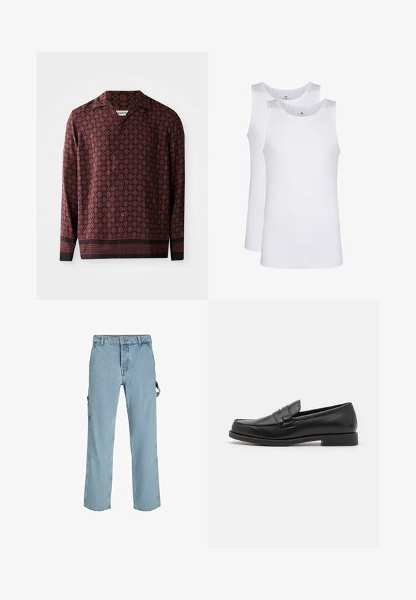 Pitkähihaisessa paidassa on viininpunainen geometrinen kuvio, terävä kaulus ja napitettu etukappale. Se on valmistettu sileästä kankaasta ja siinä on rento leikkaus.; Valkoiset puuvillaiset hihattomat topit, pyöreä pääntie, yksinkertainen kuvio, pehmeä ja kevyt kangas. Kaksi kappaletta esillä.; Vaaleansiniset farkku cargo-housut rentoa istuvuutta, joissa on sivukiinnityslenkit ja etutaskut, sekä haalistunut pinta.; Musta nahkakengät, joissa on tyylikäs muotoilu, pyöreä varvas, ommellut yksityiskohdat ja matala lohkokorko. Liukastettu pinta ja minimaliset yksityiskohdat.