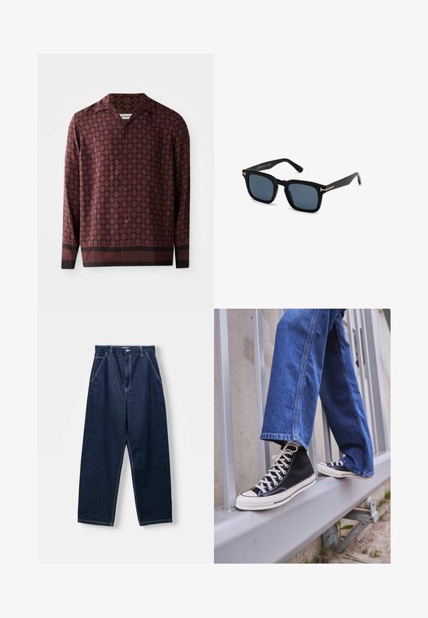 Camicia a maniche lunghe con un motivo geometrico bordeaux, colletto a punta e chiusura frontale con bottoni. Realizzata in tessuto morbido con una vestibilità rilassata.; Pantaloni in denim blu scuro a gamba larga con vita alta, tasche frontali e cuciture a vista. Il tessuto ha una consistenza liscia e resistente.; Scarpe da ginnastica nere alte con suola e lacci bianchi, abbinate a jeans di denim blu larghi, appoggiate su un parapetto grigio.; Occhiali da sole neri a forma quadrata con lenti scure, finitura opaca e dettagli in metallo dorato sulle tempie, caratterizzati da un design minimalista.