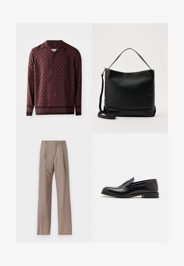 Košulja dugih rukava s burgundskim geometrijskim uzorkom, sa šiljastim ovratnikom i prednjim zatvaranjem na dugmad. Izrađena od glatkog materijala s opuštenim krojem.; Smeđe, hlače viskog struka od teksturiranog materijala. Imaju široke nogavice i dva prednja pregiba za strukturu. Uređen završetak bez vidljivih metalnih dijelova.; Crni kožni mokasini s glatkom teksturom, zaobljenim prstima i ukrasnom trakom preko prednjeg dijela. Niski slojeviti potplat, minimalistički dizajn.; Crna kožna torba preko ramena s teksturiranim završetkom, zakrivljenim vrhom i odvojivim remenom. Ima jednostavan dizajn s minimalnim hardverom.