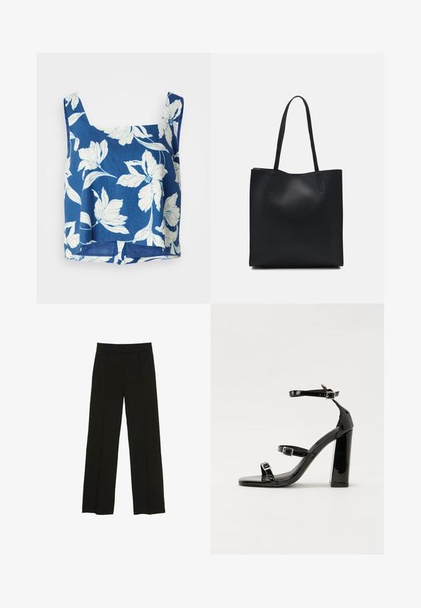 Plavi cvjetni kratki top s širokim trakama, koji ima bijele cvjetne uzorke, opušteni kroj i blago zakrivljeni rub. Izrađen od lagane tkanine.; Crne široke hlače izrađene od glatkog materijala, s uskim pojasom i suptilnim prednjim naborima za dodatnu teksturu.; Crne lakirane sandale na pete sa kvadratnim nosom, trakama oko gležnja i srebrnim kopčama. Imaju čvrst blok petu za stabilnost.; Crna kožna torba za nošenje s glatkom teksturom, pravokutnim oblikom i dvije duge ručke. Nema vidljivih metalnih dijelova ili ukrasa.
