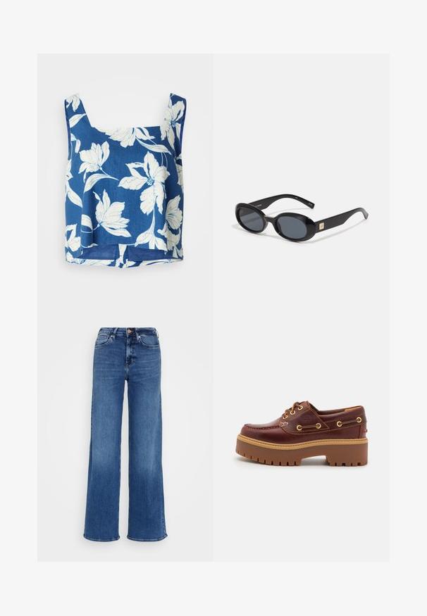 Sininen kukkakuosiset crop-top, jossa on leveät hihnat, valkoiset kukkakuviot, rento muotoilu ja hieman kaareva helma. Valmistettu kevyestä kankaasta.; Keskisininen korkeavyötäröinen farkut leveillä lahkeilla, nappi- ja vetoketjukiinnitys sekä etu- ja takataskut, tasaisella vaaleanharmaalla taustalla.; Ruskea nahkainen venejalkine, jossa on paksu ruskea kumipohja, kultaiset nauhapaikat ja kontrastiväriompelu. Sivussa on logo.; Mustat ovaalit aurinkolasit tummilla linsseillä, kiiltävä muovikehys, leveät sivut ja pieni kultainen yksityiskohta toisella puolella.