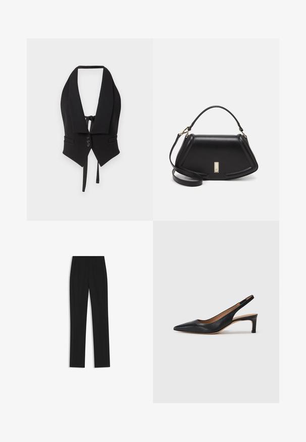 Black halter vest with a structured collar, two front pockets, button closures, and a tie at the waist. Textured fabric with a fitted design.; Black tailored trousers with a straight-leg design, featuring front pockets and a smooth, textured fabric. Neat, minimal detailing.; Black leather slingback pump with a pointed toe, low heel, and a smooth texture. Features a thin adjustable strap for a secure fit.; Black leather handbag with a structured design, featuring a cropped shape, top handle, and gold hardware accent. Adjustable shoulder strap included.