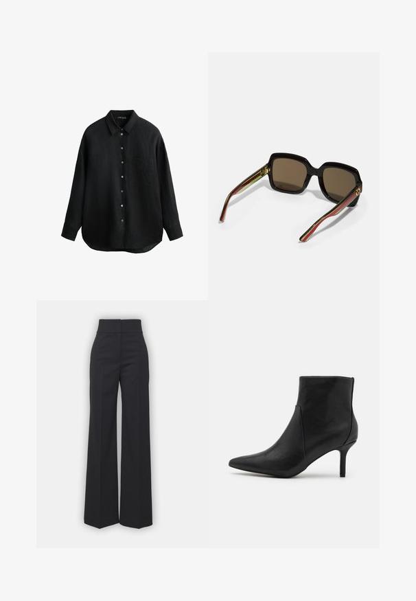 Black linen shirt with a pointed collar, button front, long sleeves, left chest pocket, and rounded hem. Soft texture with a relaxed fit.; Wide-leg trousers in black fabric with a high waistband, featuring a clean finish and smooth texture. No visible hardware or patterns.; Anna Field Ankle boots - black; Black oversized sunglasses with brown lenses. Features unique striped arms in green and red, and gold hardware accents. Square shape.; Black leather handbag with a structured shape, gold hardware, and a lock detail. Features dual top handles and embossed branding on the front.