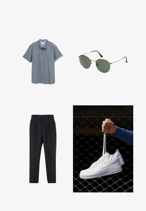 Kurzärmeliges Button-up-Hemd in Dunkelgrau mit dezentem Muster, ausgestattet mit einer Brusttasche und kontrastierenden hellblauen Manschetten.; Schwarze Hose mit plissiertem Vorderdesign, aus glattem Stoff gefertigt. Mit Knopfverschluss und Gürtelschlaufen; gerade Passform.; Weiße Leder-Sneaker mit Perforationen, runder Zehenpartie, flacher Sohle und dicken Schnürsenkeln, mit sichtbar eingesticktem Swoosh-Logo und "AIR" an der Ferse.; Metallgestellte Sonnenbrille mit ovalen grünen Gläsern. Dünner silberner Metallrahmen und schwarze Ohrstücke. Minimalistisches Design, keine sichtbaren Logos.