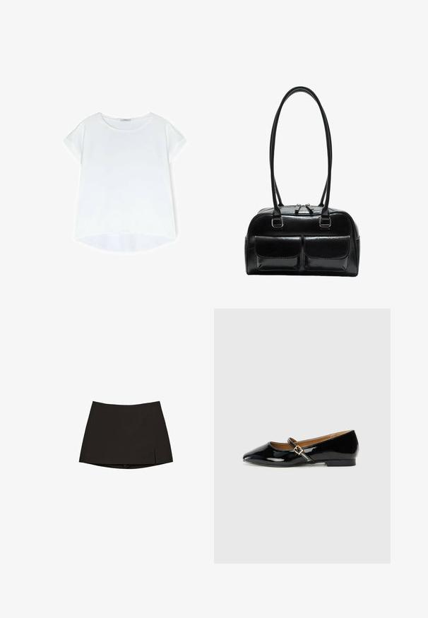 Hvid kortærmet t-shirt med rund halsudskæring, lavet af glat stof. Har en løstsiddende design og en let buet nederkant.; Sort mini nederdel med lige snit og let slids i siden. Fremstillet af glat stof, med en ren kant og minimalistisk design.; Sorte patenterede lædersko med spids tå, ankelrem med en guldfarvet spænde og en lav blokhæle. Glat, skinnende overflade.; Sort læder taske med to frontlommer, dobbelt håndtag og lynlåslukning i toppen. Glat overflade og rund form.