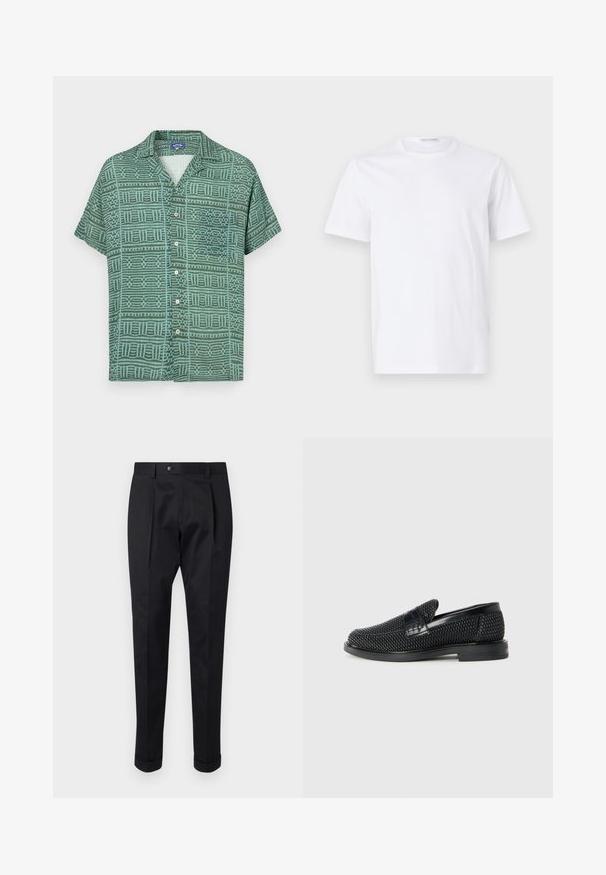Zelená košile s krátkým rukávem, která se pyšní geometrickým vzorem v tmavě zelené a akvamarínové barvě, s knoflíkovým zapínáním a designem klopového límce.; Bílá bavlněná tričko s kulatým výstřihem a krátkým rukávem. Hladká textura, rovný střih a minimalistický design bez vzorů nebo akcentů.; Černé kalhoty z hladkého materiálu s pukem vpředu, zapínáním na knoflík a ohrnutými manžetami u kotníků.; Černé pletené nazouvací boty s hladkým koženým akcentem na svršku, kulatou špičkou a nízkoprofilovou gumovou podrážkou.