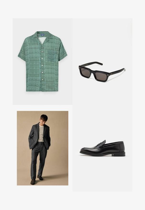 Rövid ujjú zöld ing, sötétebb zöld és aqua színű geometrikus mintával, gombos elülső résszel és tábori gallérral.; Szürke szabott öltöny, háromszögletű hajtókával és elülső zsebekkel, csíkos inggel párosítva. A nadrágnak laza fazonja van és plisszé részletekkel rendelkezik. Barna cipő.; Fekete bőr loaferek sima textúrával, kerek orral és dekoratív pánttal a vampnál. Alacsony, rétegelt sarkú, minimalista dizájn.; Fekete téglalap alakú napszemüveg sötét lencsékkel, vastag műanyag keret, arany díszítések a szárakon, és a márka logója gravírozva a szára.