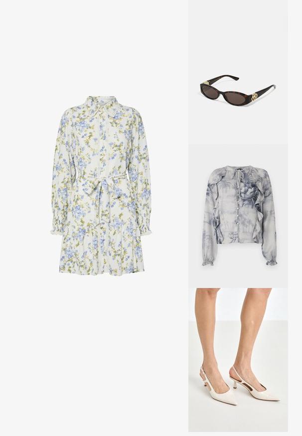 Leichte Bluse mit einem blauen Blumen- und Landschaftsprint. Rüschen entlang der Schultern und Knopfverschluss vorne. Lange Ärmel mit elastischen Bündchen.; Blumenkleid in Weiß mit blauen und grünen Blumen, mit einem Kragen, durchgehender Knopfleiste, langen Ärmeln mit elastischen Bündchen und einem Taillengürtel.; Beige Lackleder Slingback-Absätze mit spitzem Fuß und 5 cm Absatz, mit ausgeschnittenen Seiten und einem schmalen Knöchelriemen.; Schildpatt-Sonnenbrille mit länglich-ovalen Gläsern, braunem Farbton, goldenen Logo-Akzenten an den Bügeln und schlanken schwarzen Bügeln.; Beige gemusterte Handtasche mit geschwungener Form, Lederakzenten und einem goldfarbenen Logo auf der Vorderseite. Verfügt über einen kurzen Griff für einfaches Tragen.; Perlen- und Kristallhalskette mit einem runden, perlenbesetzten Design in sanften Farbtönen, das abwechselnd Perlen und funkelnde Akzente zeigt, um den Hals getragen.