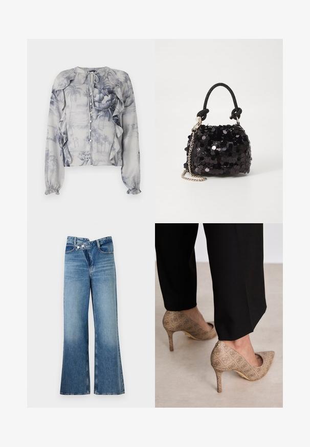 Lightweight blouse featuring a blue floral and landscape print. Ruffles along shoulders and button front. Long sleeves with elastic cuffs.; Light blue denim flared jeans with a high waist, featuring two buttons and front pockets. Fabric has a faded texture with subtle variations.; Beige high-heeled shoes with a textured fabric featuring a repeating pattern. Pointed toe design with a back accent and gold heel detail.; Black sequin mini handbag with a knotted textured strap and silver chain. Rounded shape with gathered top and reflective detailing.