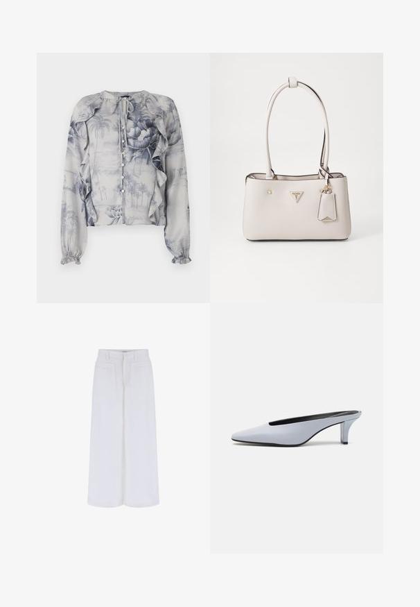 Blouse légère avec un imprimé floral et paysage bleu. Volants au niveau des épaules et fermeture à boutons à l'avant. Manches longues avec des poignets élastiques.; Pantalons blancs à jambe large avec une texture lisse, dotés de deux poches avant et d'une fermeture à bouton, conçus pour un ajustement décontracté.; Mule en cuir verni bleu clair avec un orteil pointu, un petit talon transparent et un design épuré mettant en valeur une découpe au cou-de-pied.; Sac à main en simili cuir beige avec une texture lisse, deux poignées de portée, des accessoires en or, une plaque logo et une étiquette attachée.