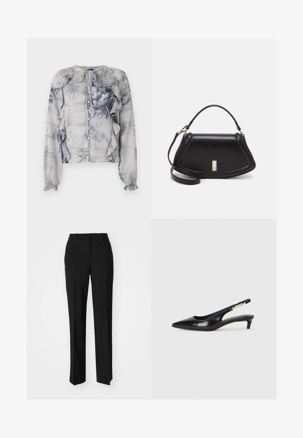 Blusa leggera con stampa floreale e paesaggistica blu. Volant sulle spalle e chiusura con bottoni. Maniche lunghe con polsini elasticizzati.; Pantaloni neri su misura con un design a gamba dritta, caratterizzati da una texture liscia e pieghe ben definite sul davanti. Senza hardware visibile.; Tacchi slingback in pelle nera con punta affusolata, caratterizzati da un tacco alto e un accento dorato sulla cinghia regolabile. Texture liscia.; Borsa a mano in pelle nera con un design strutturato, caratterizzata da una forma corta, manico superiore e accessori in metallo dorato. Inclusa tracolla regolabile.