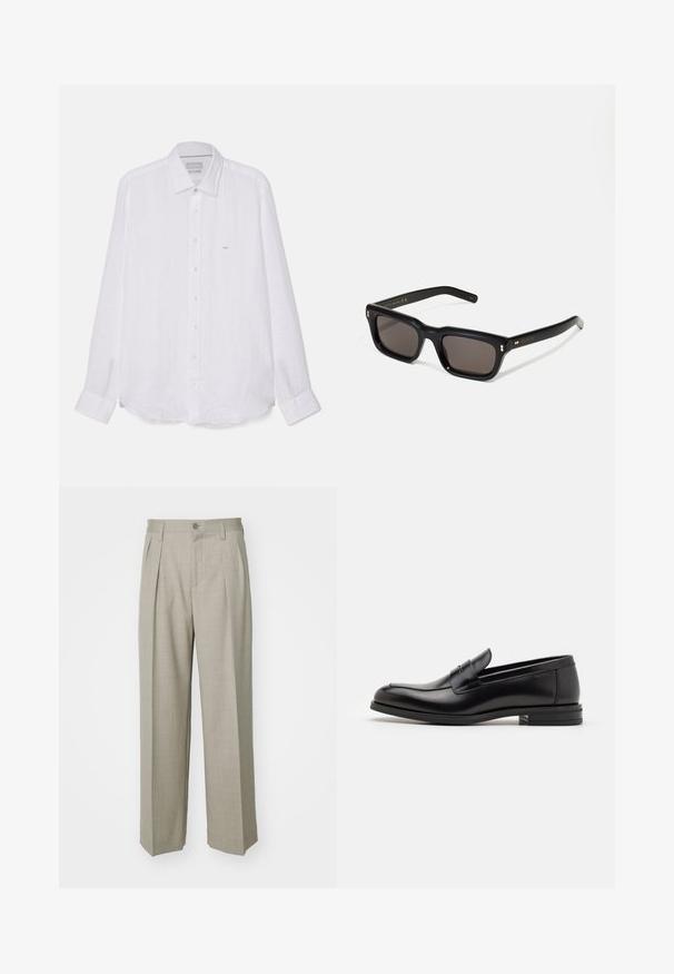 Weißes Langarmhemd aus Leinen. Verfügt über einen spitzen Kragen, eine durchgehende Knopfleiste und ein kleines gesticktes Logo auf der linken Brust.; Filippa K WIDE TROUSERS - Stoffhose - sage melange; Schwarze Lederloafers mit glatter Textur, rundem Zehenbereich und einem dekorativen Riemen über dem Vorderfuß. Niedriger, gestapelter Absatz, minimalistisches Design.; Schwarze rechteckige Sonnenbrille mit dunklen Gläsern, dickem Kunststoffrahmen, goldenen Akzenten an den Bügeln und eingraviertem Markenlogo am Arm.