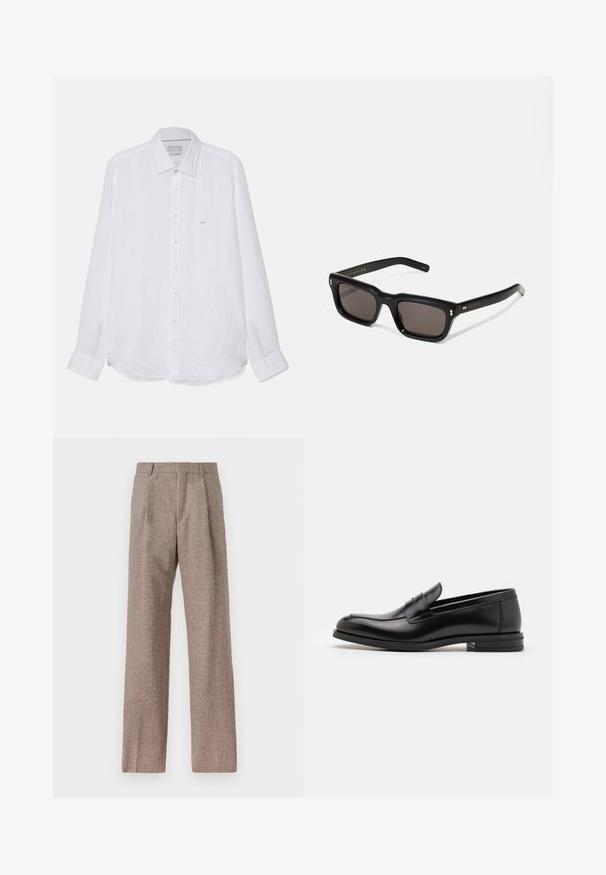 Hvid skjorte med lange ærmer lavet af linned. Har en spids krave, fuld knaplukning foran og et lille broderet logo på venstre bryst.; Brune, højtaljede bukser lavet af tekstureret stof. Har brede ben og to frontfoldninger for struktur. Pæn finish uden synlig hardware.; Sorte læderloafers med en glat overflade, rund tå og en dekorativ strop over vampen. Lav hæl med stabeldesign, minimalistisk stil.; Sorte rektangulære solbriller med mørke glas, tyk plastisk ramme, guldtryk på stængerne og brandlogo indgraveret på armen.