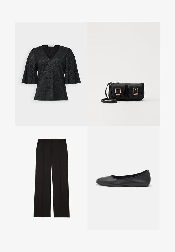 Schwarzes Oberteil mit V-Ausschnitt und ausladenden kurzen Ärmeln, aus strukturiertem Stoff mit subtiler Schimmerung. Verfügt über eine glatte Oberfläche und keine sichtbaren Beschläge.; Schwarze, maßgeschneiderte Hosen aus einem glatten Stoff, mit geradem Bein und zwei Seitentaschen. Elegante und minimalistische Konstruktion.; Schwarze Leder-Ballettschuhe mit abgerundeter Spitze, glatter Textur, minimalen Nähdetails und einem flexiblen Sohlen-Design.; Schwarze Leder-Umhängetasche mit zwei vorderen Taschen, goldenen Schnallen, Reißverschluss und einem schmalen Tragegurt. Texturierte Oberfläche und kompakte rechteckige Form.