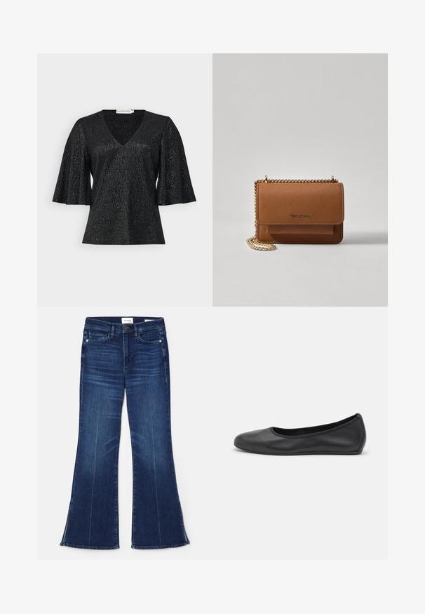 Schwarzes Oberteil mit V-Ausschnitt und ausladenden kurzen Ärmeln, aus strukturiertem Stoff mit subtiler Schimmerung. Verfügt über eine glatte Oberfläche und keine sichtbaren Beschläge.; Dunkelblaue, ausgestellte Jeans aus Denim. Mit hoher Taille, vorderen Taschen und Schlitzen am Saum. Klassisches Fünf-Taschen-Design.; Schwarze Leder-Ballettschuhe mit abgerundeter Spitze, glatter Textur, minimalen Nähdetails und einem flexiblen Sohlen-Design.; Braune strukturierte Ledertasche mit goldener Kettenriemen und Klappenverschluss. Die Vorderseite zeigt ein Logo-Detail und eine Tasche unter der Klappe.