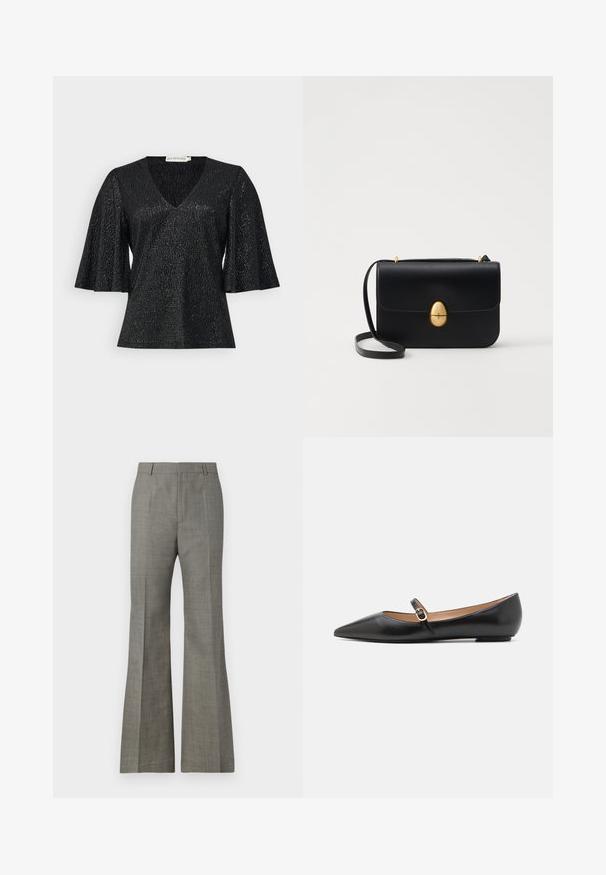 Czarny top z dekoltem w serek i rozszerzającymi się krótkimi rękawami, wykonany z teksturowanej tkaniny z subtelnie błyszczącym wykończeniem. Charakteryzuje się gładką powierzchnią i brakiem widocznych elementów metalowych.; Szare spodnie dzwonowate wykonane z teksturowanej tkaniny, charakteryzujące się dopasowanym krojem, subtelnym wzorem w kratę oraz przodem z zakładkami, co nadaje im wyrafinowany wygląd.; Czarne skórzane baletki z wydłużonym noskiem i bocznym paskiem z okrąłym złotym akcentem. Lekkie z płaską podeszwą.; Czarna skórzana torba na ramię o strukturalnym prostokątnym kształcie. Posiada złoty owalny zamek i cienki pasek na ramię. Gładka faktura.
