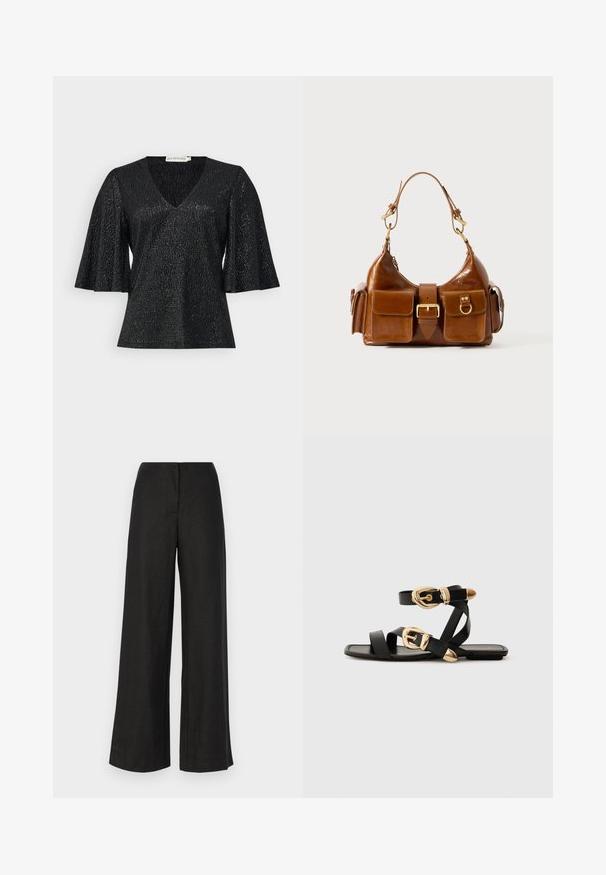 Zwarte top met een V-hals en uitlopende korte mouwen, gemaakt van textiel met een subtiele glans. Heeft een gladde afwerking en geen zichtbare hardware.; Faithfull the brand LULEA PANT - Broek - black; Zwarte leren sandaal met gouden gespaccenten, voorzien van meerdere banden en een vlakke zool voor open-teenschoen gebruik.; Bruine leren handtas met een gebogen vorm, dubbele gouden hardware, twee voorzakken en een brede schouderband. Soepele textuur met een elegante afwerking.