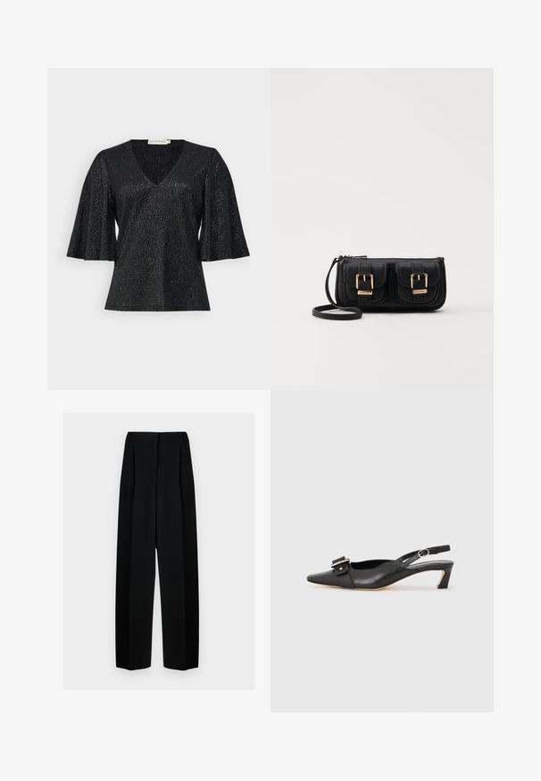 Top negru cu decolteu în V și mâneci scurte evazate, realizat dintr-un material texturat cu un sclipici subtil. Prezintă un finisaj neted și fără elemente de prindere vizibile.; Pantaloni negri evazați cu talie înaltă, având plisseuri și o textură netedă. Țesătura pare ușoară și se așază elegant.; Pantofii negri din piele cu toc mic, vârf ascuțit și detaliu decorativ cu cataramă pe partea superioară. Textură netedă, design minimal.; Geantă neagră din piele, tip crossbody, cu două buzunare frontale, catarame aurii, închidere cu fermoar și o curea subțire. Suprafață texturată și formă rectangulară compactă.