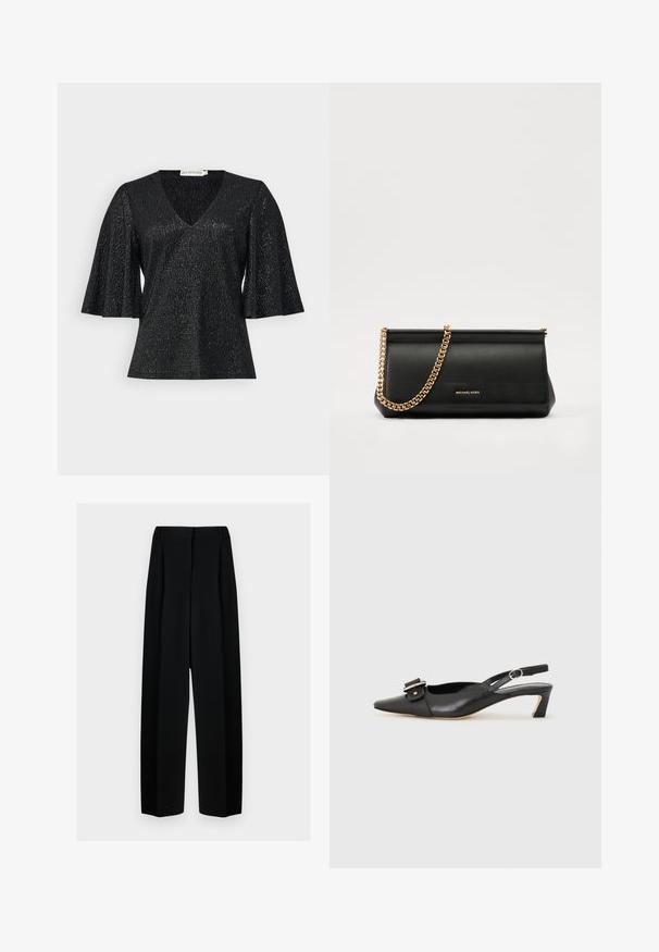 Czarny top z dekoltem w serek i rozszerzającymi się krótkimi rękawami, wykonany z teksturowanej tkaniny z subtelnie błyszczącym wykończeniem. Charakteryzuje się gładką powierzchnią i brakiem widocznych elementów metalowych.; Czarne spodnie o szerokich nogawkach z wysokim stanem, z plisami i gładką teksturą. Materiał wydaje się lekki i elegancko się układa.; Czarne skórzane buty typu slingback z ostrym noskiem, małym obcasem i ozdobnym zapięciem na górze. Gładka faktura, minimalistyczny design.; Czarna skórzana kopertówka z złotym łańcuszkiem, charakteryzująca się gładką fakturą, prostokątnym kształtem i wytłoczonym logo z przodu.