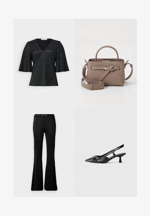 Čierny top s výstrihom do V a rozšírenými krátkymi rukávmi, vyrobený z textúrovanej látky s jemným leskom. Má hladký povrch a neobsahuje viditeľnú kovanie.; Čierne nohavice s vysokým pásom a rozšírenými nohavicami, s predným švom a tenkým opaskom so zlatou prackou vo forme koňa na pás.; Čierne kožené slingback topánky s špicatou špičkou, ozdobnými popruhmi s kovovými očkami a nízkym blokovým podpätkom. Textúrovaný povrch.; Hnedošedá textúrovaná kožená kabelka s horným uchom, nastaviteľným ramenným popruhom a dekoračným uzlom na čistej bielej fotke.