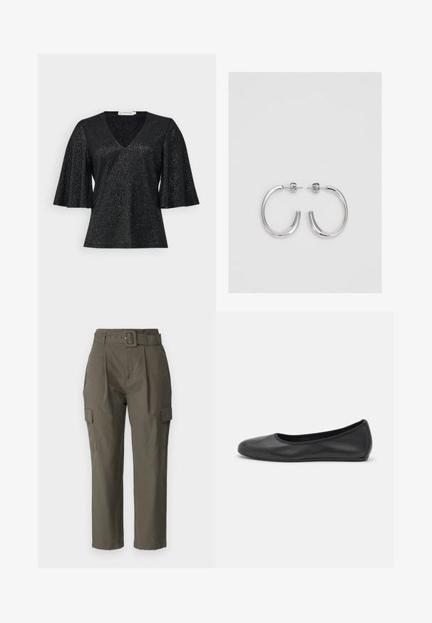 Juodas viršus su V formos iškirpte ir platėjančiomis trumpomis rankovėmis, pagamintas iš tekstūruoto audinio su subtiliu blizgesiu. Savybė - lygus paviršius ir jokio matomo metalo detalių.; Olivos žali cargo kelnės, pagamintos iš lengvos medžiagos. Savybės: diržo juostos, priekiniai raukšlės ir šoninės kišenės su makštimi. ; Juodai odiniai baletai su apvaliu pirštu, lygi texture, minimalus siuvimo detales ir lanksčiu padų dizainu.; Sidabrinės auskarai žiedai su lygiu, blizgiu paviršiumi. Suapvalinta forma, lengvas dizainas, su uždarymu ant smeigtuko.