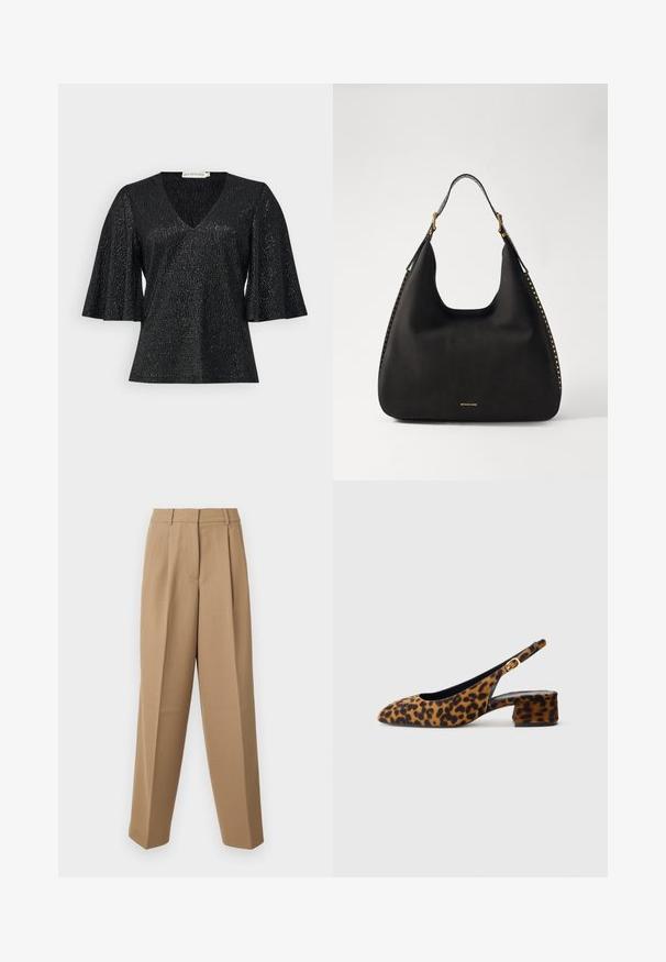 Top nero con scollatura a V e maniche corte a campana, realizzato in un tessuto testurizzato con un leggero luccichio. Presenta una finitura liscia e senza hardware visibile.; Pantaloni beige su misura con vita alta, fronte plissettato e taglio a gamba larga. Il tessuto appare morbido con una leggera lucentezza.; Scarpa slingback da donna in stampa leopardata con tacco basso a blocco e fibbia dorata sul cinturino laterale, mostrata in profilo su sfondo semplice.; MICHAEL Michael Kors NOLITA HOBO  - Borsa a mano - black