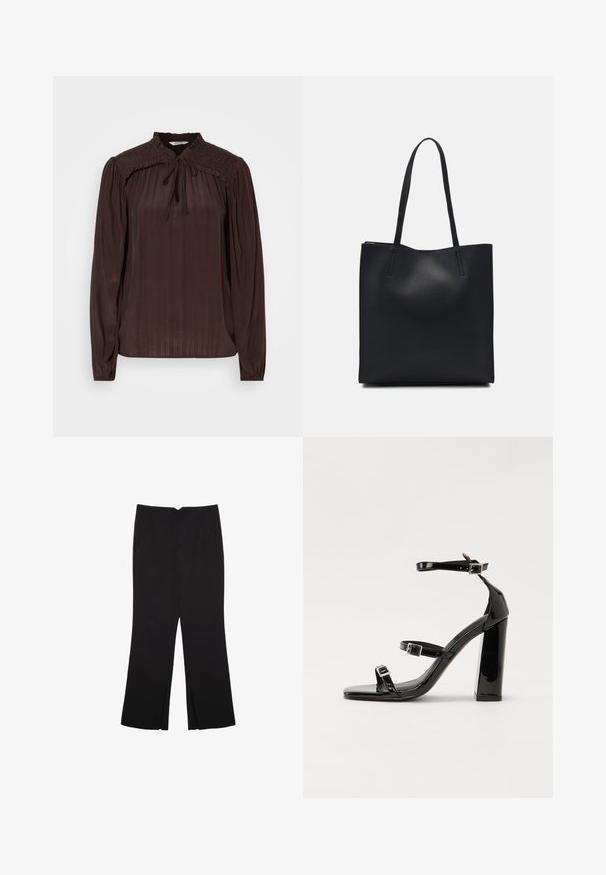 Bruine blouse met lange mouwen en een keyhole decolleté, geplooide textuur, smock-schouders en gathered manchetten. Lichtgewicht, vloeiende stof.; Zwarte broek met een rechte pasvorm, voorzien van zijzakken en plooien aan de onderzijde. Gemaakt van zachte, gladde stof. Geschikt voor verschillende gelegenheden.; Zwarte gepatenteerde sandalen met hak en een vierkante neus, enkelbandjes en zilveren gespen. Heeft een stevige blokhak voor stabiliteit.; Zwarte leren handtas met een gladde textuur, rechthoekige vorm en twee lange handvaten. Geen zichtbare hardware of versieringen.