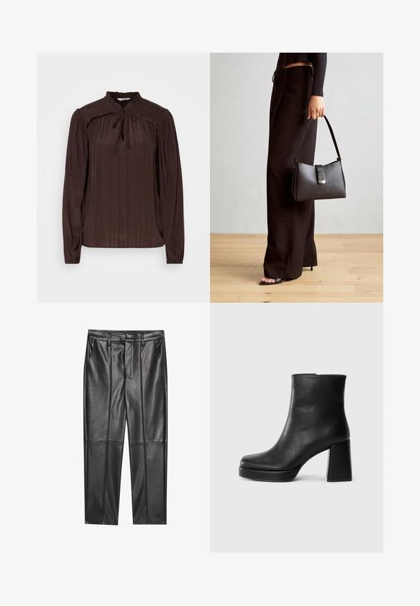 Blusa marrone a maniche lunghe con scollatura a chiave, texture plissettata, spalle smock e polsini arricciati. Tessuto leggero e fluido.; Pantaloni in pelle nera con una texture liscia, caratterizzati da un fit dritto, due tasche frontali e dettagli delle cuciture in evidenza.; Stivale alla caviglia in pelle nera con tacco a blocco e suola platform, visto di lato su uno sfondo bianco uniforme.; Borsa nera con forma strutturata, texture liscia e una chiusura metallica. Abbinata a pantaloni neri larghi e sandali open-toe su un pavimento in legno.