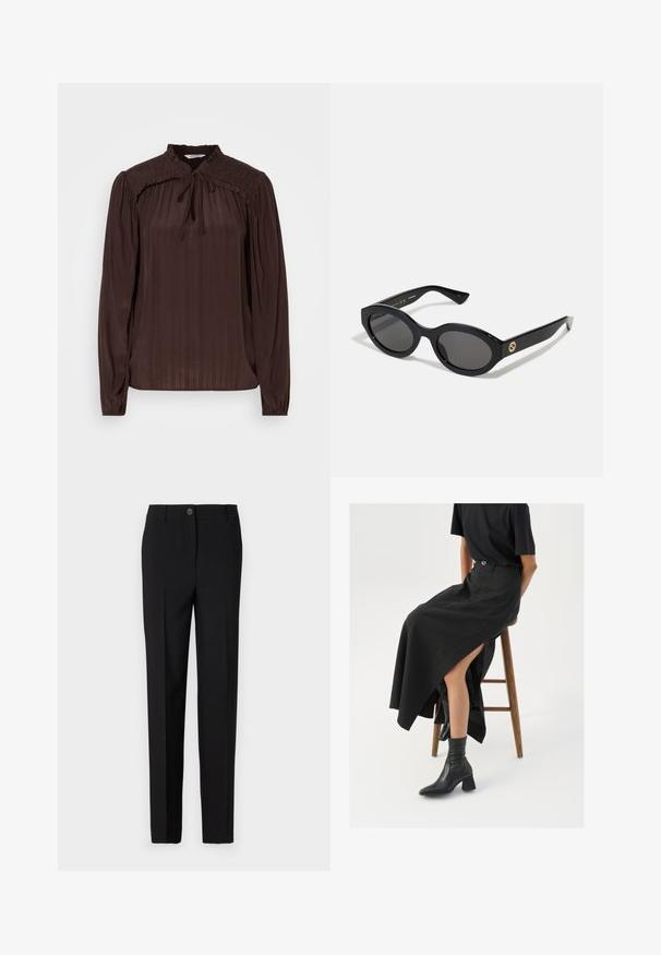 Brown long-sleeve blouse with a keyhole neckline, pleated texture, smocked shoulders, and gathered cuffs. Lightweight, flowing fabric.; Black tailored trousers with a straight leg design, featuring a button fastening and belt loops, made from smooth fabric.; Black linen maxi skirt with a high slit, worn with a black t-shirt and black ankle boots. Minimalistic design with a relaxed fit.; Black oval sunglasses with dark lenses and glossy plastic frame. Features gold logo on the temple, offering a sleek and modern design.