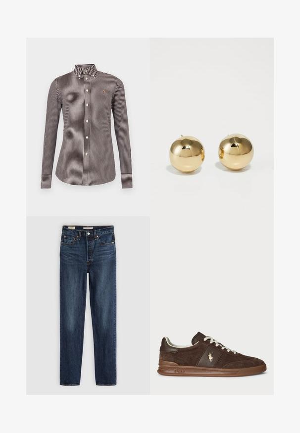 Camisa de manga larga a rayas marrón y crema con cuello abotonado, que presenta un pequeño logo y rayas en contraste en los puños.; Vaqueros rectos de color azul oscuro con cinco bolsillos, cierre de botón y cremallera, y costuras en contraste.; Zapatillas de ante marrón con paneles texturizados, cordones blancos y un logo dorado. Presentan una suela de goma y un collar acolchado para mayor comodidad.; Pendientes de perno esféricos de oro con un acabado pulido y un pequeño poste. Presentan una textura suave y una superficie reflectante.