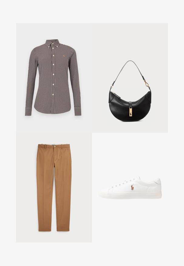 Smeđa i kremasta prugasta majica dugih rukava s ovratnikom na kopčanje, s malim logotipom i kontrastnim prugama na manžetnama.; Smeđi pamučni hlače slim-fit kroja, ravnog prednjeg dijela i standardnih džepova; glatka tekstura i obrubljene manžete.; Bijele kožne tenisice, niskog kroja, s glatkom teksturom, okruglim vrhom, vezanjem sprijeda i malim izvezenim logom sa strane.; Crna kožna torba u obliku polumjeseca. Ima zlatne akcentne detalje i usku traku. Glatka tekstura, zatvaranje na rajsferšlus na vrhu.