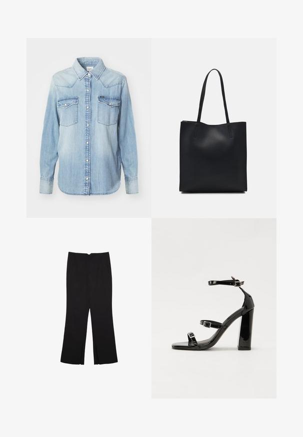 Lee REGULAR WESTERN SHIRT - Skjortebluser - modern blue; Sorte bukser med lige pasform, der har frontlommer og slidser i kanten. Lavet af blødt, glat stof. Velegnet til forskellige anledninger.; Sorte patenterede hælsandaler med firkantet tå, ankelremme og sølvspænder. Har en chunky blokHæl for stabilitet.; Sort læder tote taske med glat tekstur, rektangulær form og to lange hanke. Ingen synlig hardware eller udsmykninger.